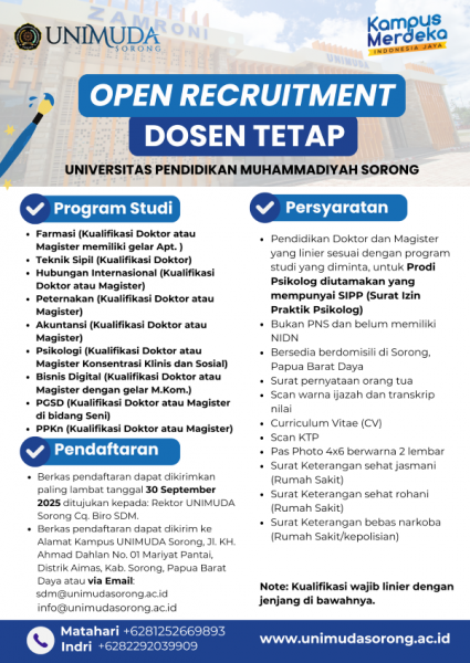 LOWONGAN PENAMBAHAN DOSEN UNIMUDA untuk 7 PROGRAM STUDI